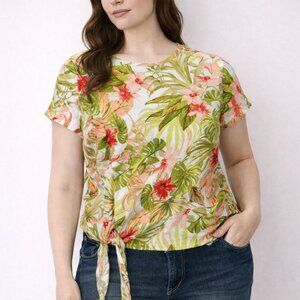 J Jill | Love LInen Womens Top Tee Short Sleeve Tropical Floral Side Tie Size XL
